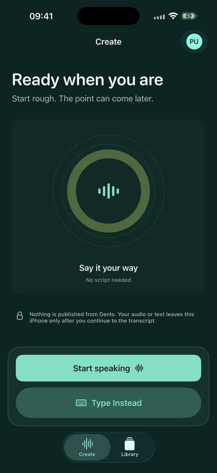 Version one Create screen in dark green