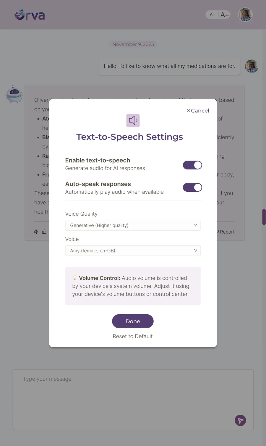 New text-to-speech settings with a note about the tablet volume