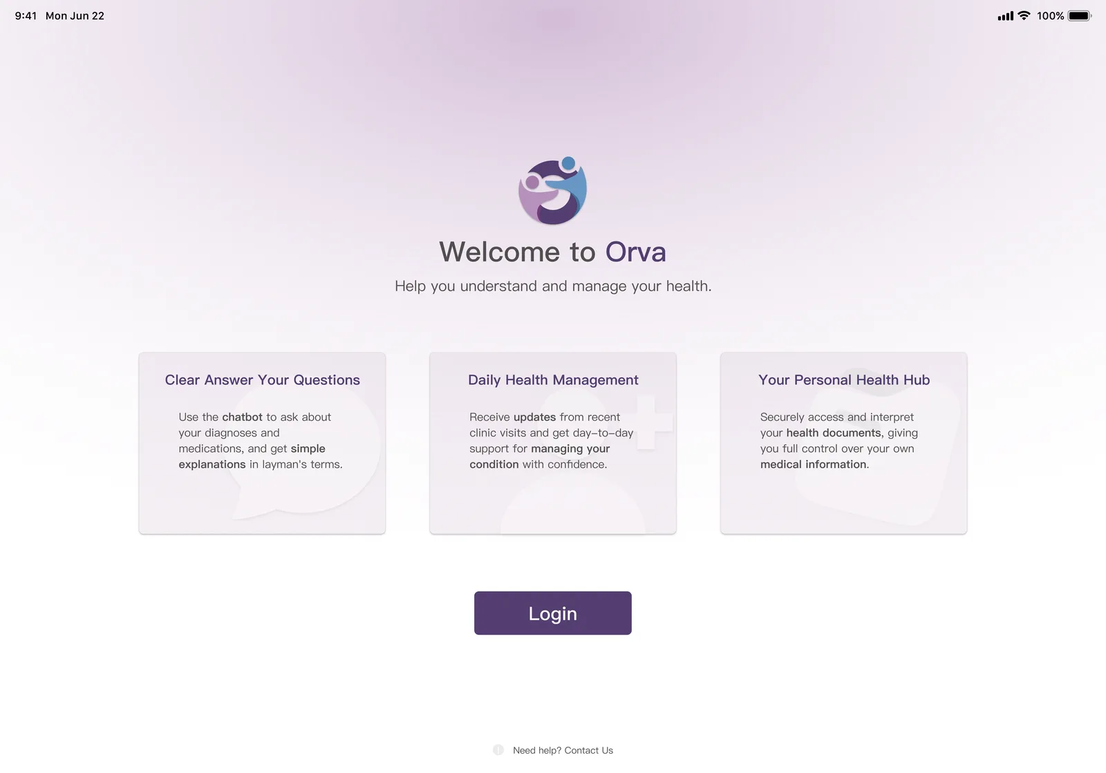 First welcome page with three text cards and a Login button in the middle